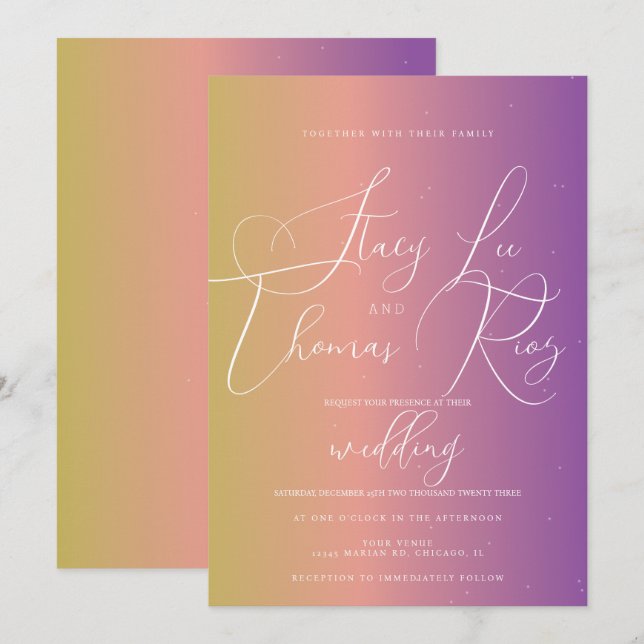 Modern fetstilt Bright Ombre Lila Script Bröllop Inbjudningar (Fram/baksida)