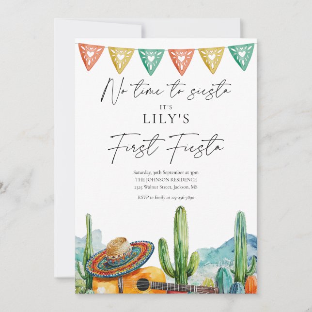 Modern Fiesta Vattenfärg Kaktus 1-års födelsedag Inbjudningar (Framsida)