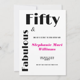 Modern Fifty and Fabulous black pink Birthday Inbjudningar