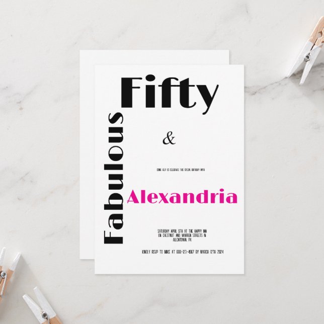 Modern Fifty and Fabulous black pink Birthday Inbjudningar (Fram/Back In Situ)