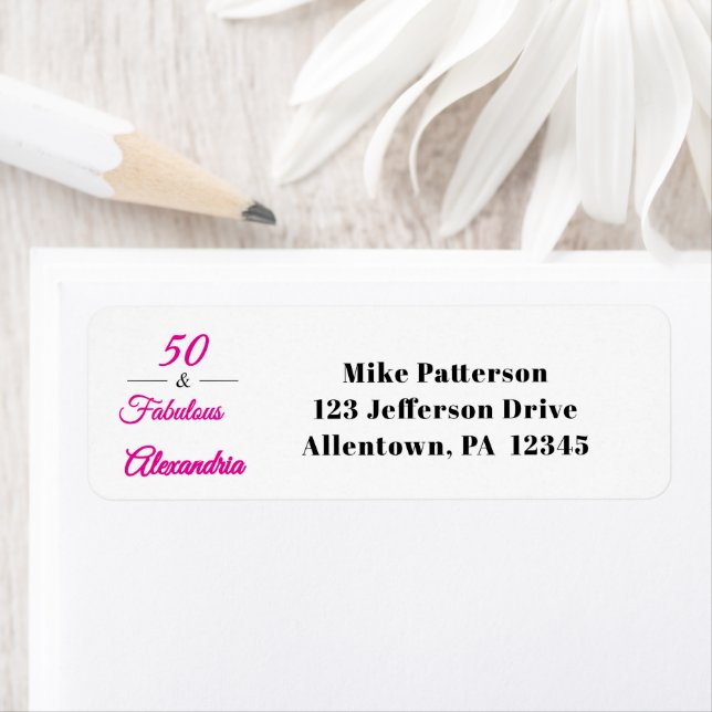 Modern Fifty and Fabulous Bold 50th Birthday Party Returadress Etikett (Insitu)