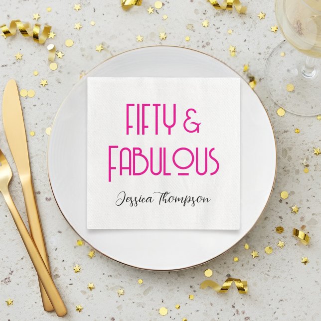 Modern Fifty and Fabulous Name 50th Birthday Party Pappersservett (Elegant Fifty and Fabulous pink and black text 50th birthday napkin)