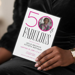 Modern Fifty Fabulous Pink White Photo Birthday Inbjudningar