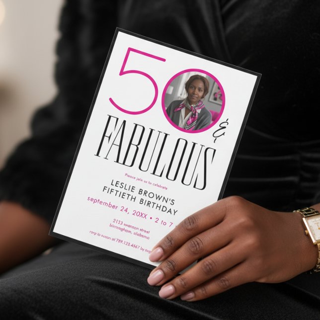 Modern Fifty Fabulous Pink White Photo Birthday Inbjudningar (Skapare uppladdad)