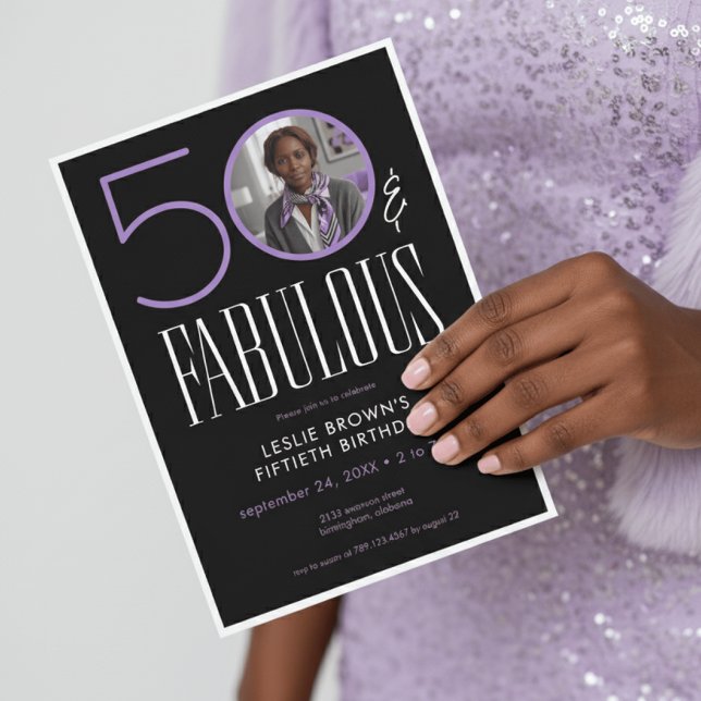 Modern Fifty Fabulous Purple White Photo Birthday Inbjudningar (Skapare uppladdad)