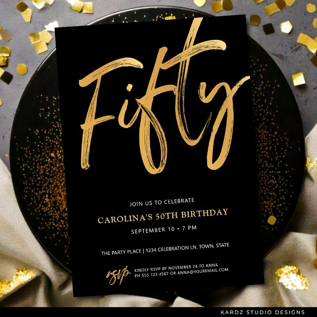 Modern Fifty Script Gold Black 50th Birthday Inbjudningar (Faux gold invite shown in 5x7 inches with square corners. Choose corner, paper and size.)