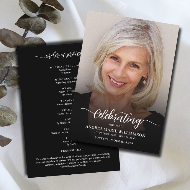 Modern Firande i livets foto Program (Modern funeral Celebration of Life Program, your photo on the front, Order of Service on the back)