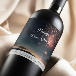Modern Fireworks Calligraphy Gott nytt år Bash Vinflaska Etikett