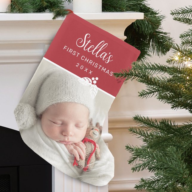 Modern First Christmas Foto Personlig Liten Julstrumpa (Modern First Christmas Photo Personalized Small Christmas Stocking)