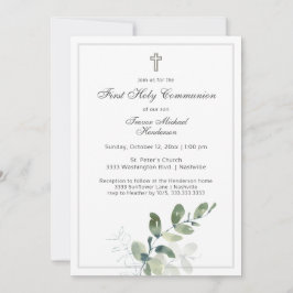 Modern First Heliga Communion Eucalyptus Greenery Inbjudningar