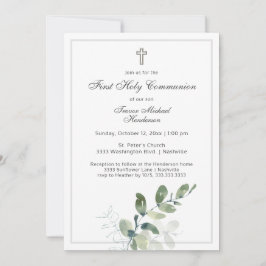 Modern First Heliga Communion Eucalyptus Greenery Inbjudningar