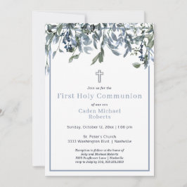 Modern First Heliga Communion Greenery Blåa blommo Inbjudningar