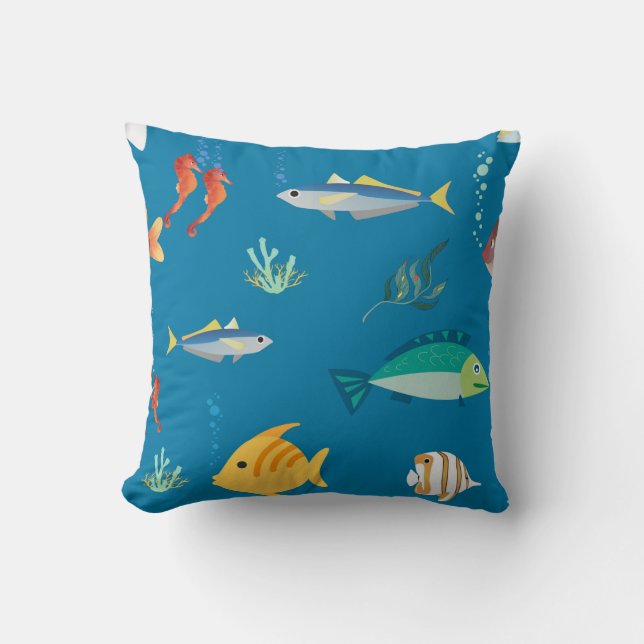 Modern Fish and Seahorse illustrated Pattern Blue Kudde (Framsida)