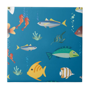 Modern fisk och sjöhäst illustrerade Mönster Blue Kakelplatta