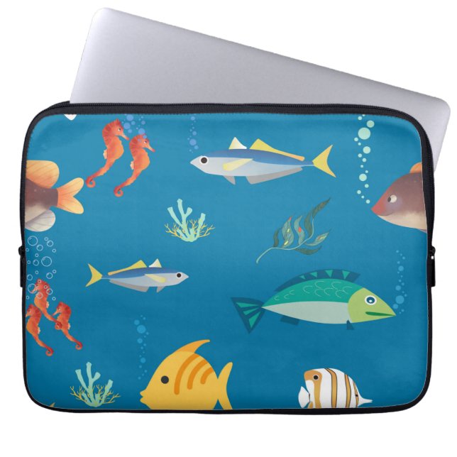 Modern fisk och sjöhästar illustrerad Mönsterblå Laptop Fodral (Framsidan)