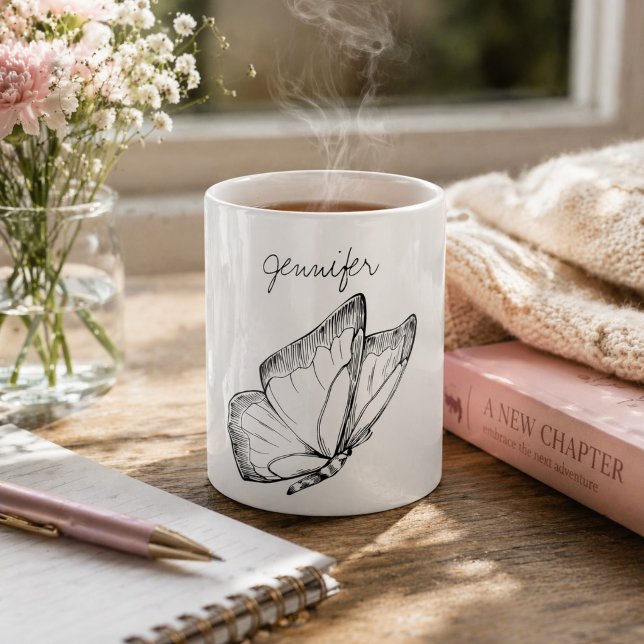 Modern Fjäril Illustration Monogram Kaffemugg (Skapare uppladdad)