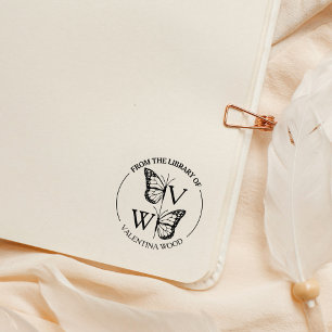 Modern fjäril-monogram bibliotek bok stämpel
