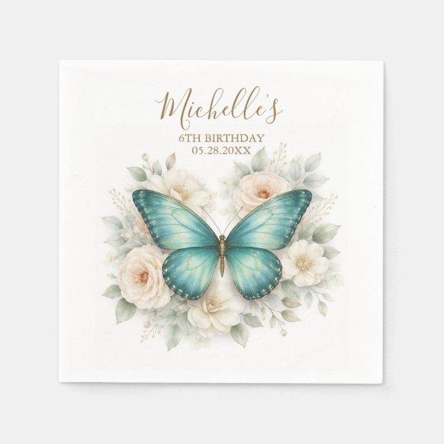 Modern Fjärils- och Vildblommafödelsedagsfest Pappersservett (Framsidan)