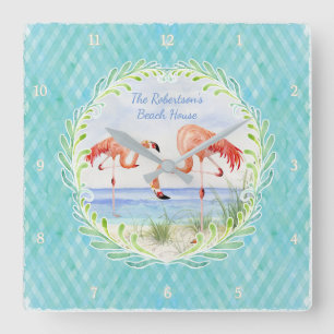 Modern Flamingo Beach Ocean Sand Shore Aqua Blue Fyrkantig Klocka