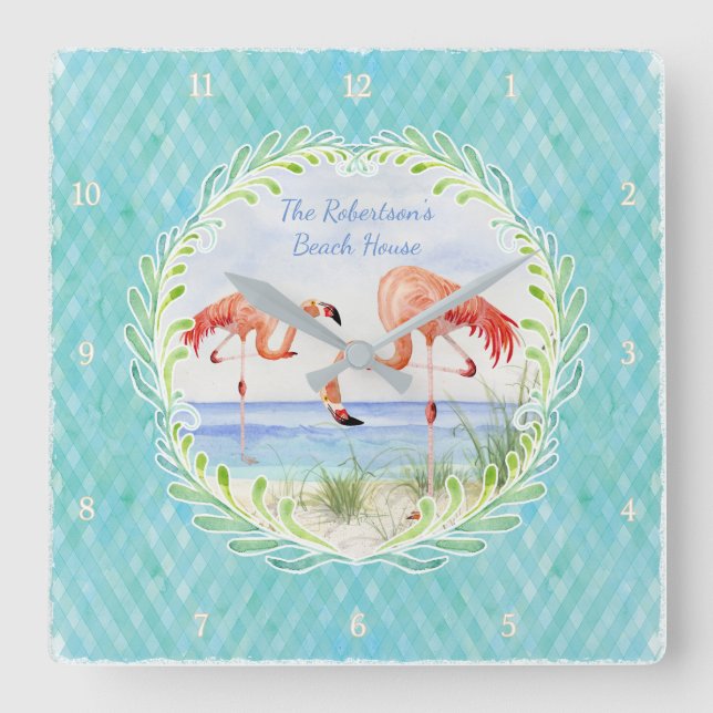 Modern Flamingo Beach Ocean Sand Shore Aqua Blue Fyrkantig Klocka (Framsida)