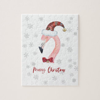 Modern Flamingo Santa Snowflake Vit jul Pussel