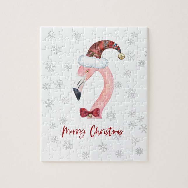 Modern Flamingo Santa Snowflake Vit jul Pussel (Vertikal)