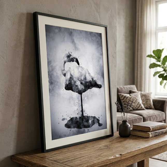 Modern Flamingo Svart och Vitt Akvarell Konst Fototryck (Modern Flamingo Black and White Watercolor Art. Photo Print)