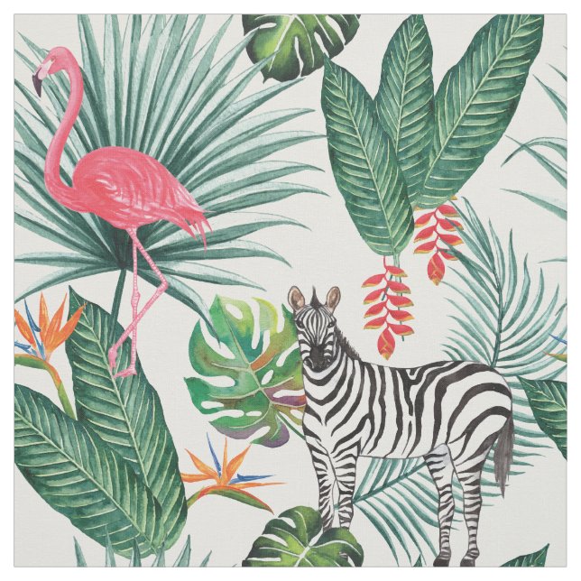 Modern flamingo zebra tropiska löv-vattenfärg tyg (Provkarta)