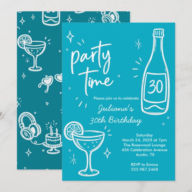Modern flaska & Cocktail 30-års födelsedagsinbjuda Inbjudningar (Fram/baksida)