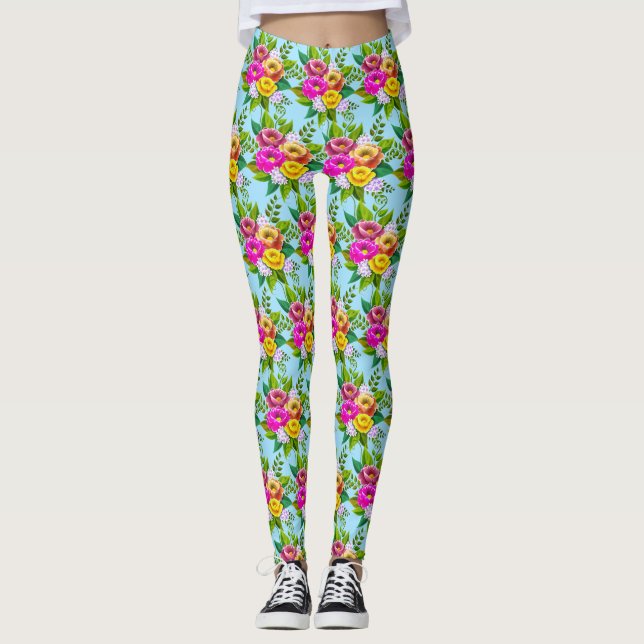 Modern flerfärgad blomma på ljusblå leggings (Framsida)