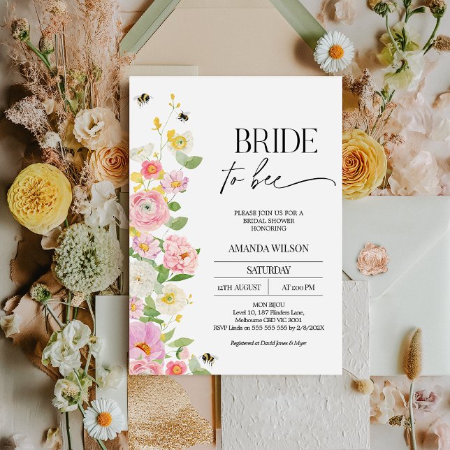 Modern flerfärgad Möhippa för bin Inbjudningar (Bride To Be Bridal Shower Invitation Template Floral Bee Bridal Shower Invitation Card, Spring )