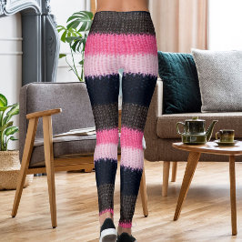 Modern flerfärgad randig stickad ullig textur leggings