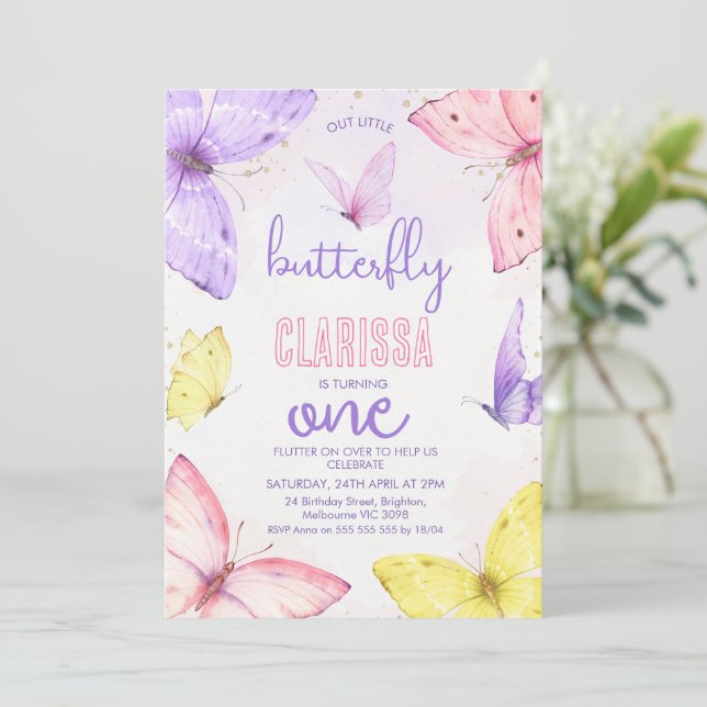 Modern flerfärgad småfjäril 1:a födelsedag inbjudningar (Stående Fram)