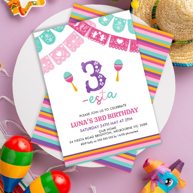 Modern Flerfärgade Flickor Three-esta 3-årsdag  Inbjudningar (Girls Three-esta 3rd Birthday Invitation Template, Editable Fiesta 3rd Birthday Invitation, Esta )