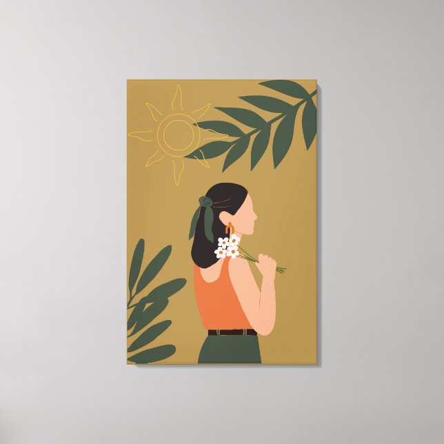 Modern Flicka Med Grön Blommig Illustration Canvastryck (Framsida)