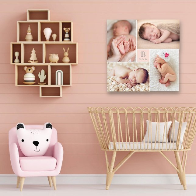 Modern Flicka Monogram Photo Collage Canvas (Modern Baby Girl Monogram Pink Center Square 4 Photo Collage Canvas Print @ fatfatin_box)