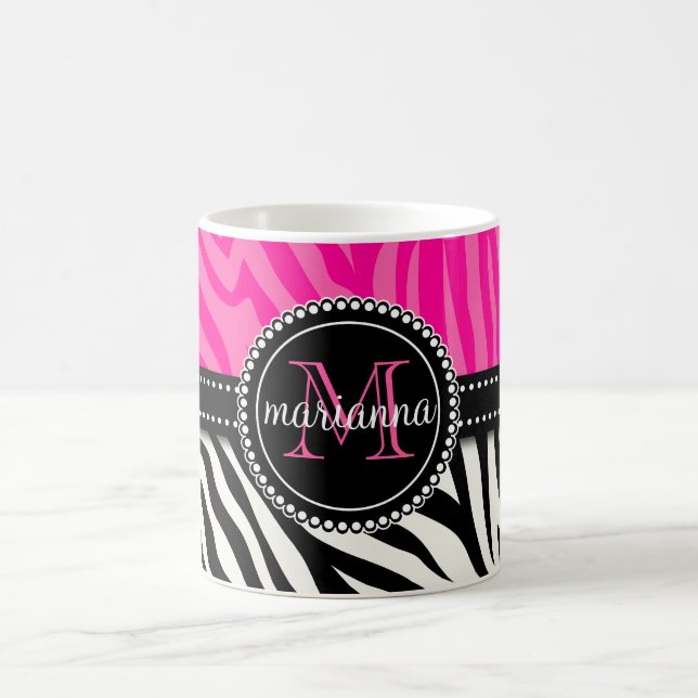 Modern flickaktigt svart rosa zebra tryckpersonlig kaffemugg (Center)