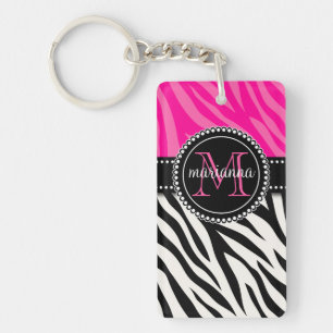 Modern flickaktigt svart rosa zebra tryckpersonlig nyckelring