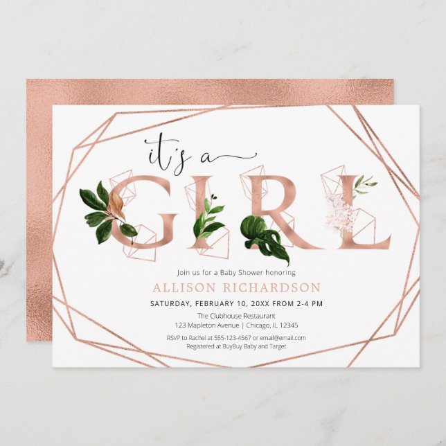 modern flickdusch för greenery-babyn i ro guld inbjudningar (Fram/baksida)