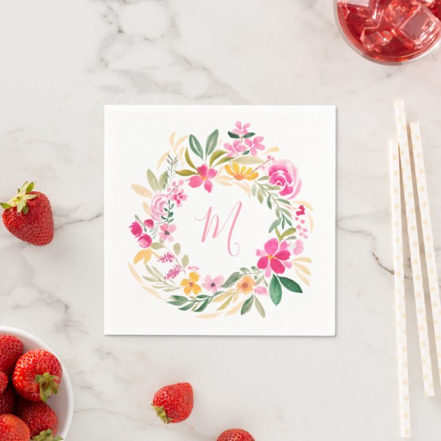 Modern flickig monogram blommig akvarellkrans pappersservett (Insitu)