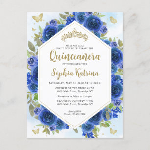 Modern Flickig Royal Blå Blommig Guld Quinceañera Vykort