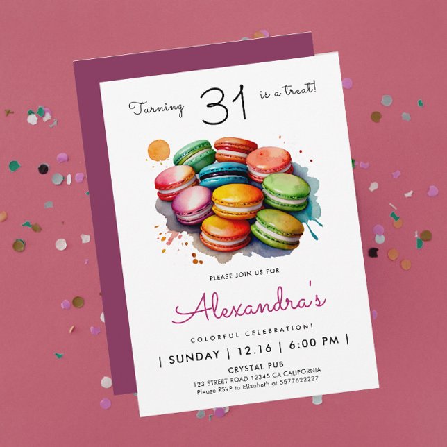 Modern Flickig Söt Macarons Regnbåge Vattenfärg Inbjudningar (Skapare uppladdad)