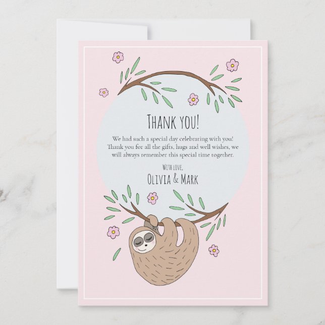 Modern flickor Sleeping Sloth Baby Shower Tack Kort (Framsida)
