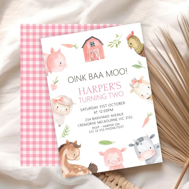 Modern flickors minimalistiska lantgårdstest inbjudningar (Minimalist Farm Birthday Invitation, Girls Pink Gingham Farmyard Barnyard Birthday Invite, Oink Baa)