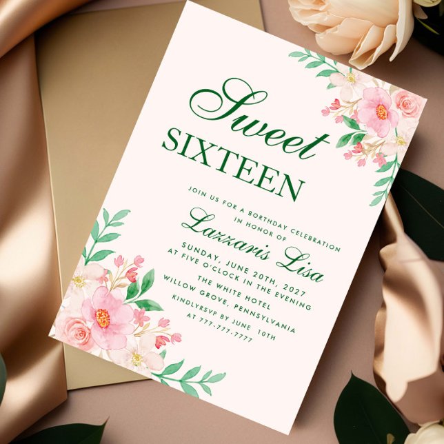 Modern Floral Birthday Green Party Sweet Sixteen  Inbjudningar (Skapare uppladdad)