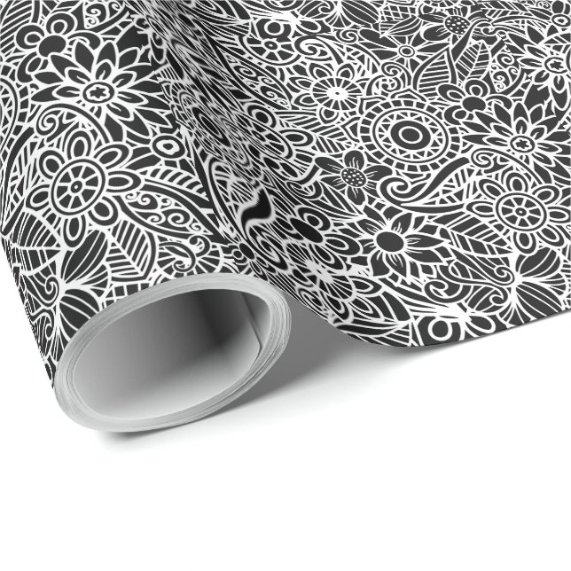 Modern Floral Black White Wrapping Paper Presentpapper (Rullad Hörn)