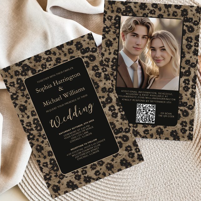 Modern Floral Elegant Black Wedding Invite QR Code Inbjudningar (Skapare uppladdad)