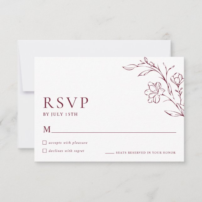 Modern Floral Elegant Burgundy Wedding RSVP Card OSA Kort (Framsida)