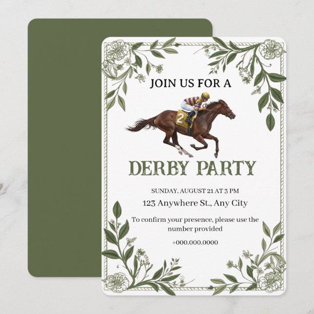 Modern Floral Equestrian Derby Invitation Inbjudningar (Fram/baksida)