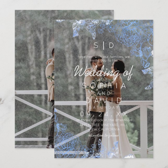 Modern Floral Frame Photo Modern Wedding  Inbjudningar (Fram/baksida)